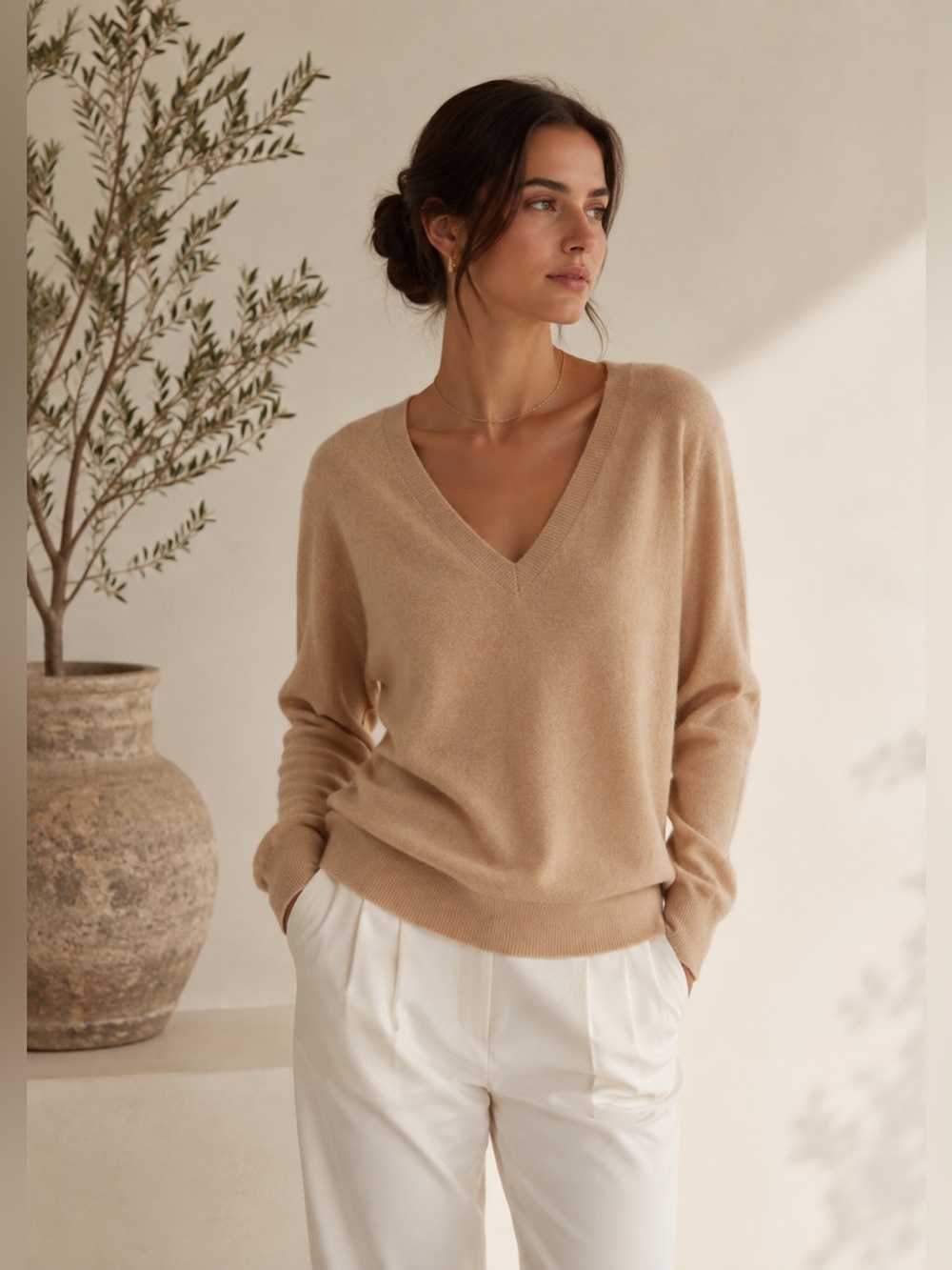 Vince Melange V-Neck Wool Cashmere Sweater in Sand